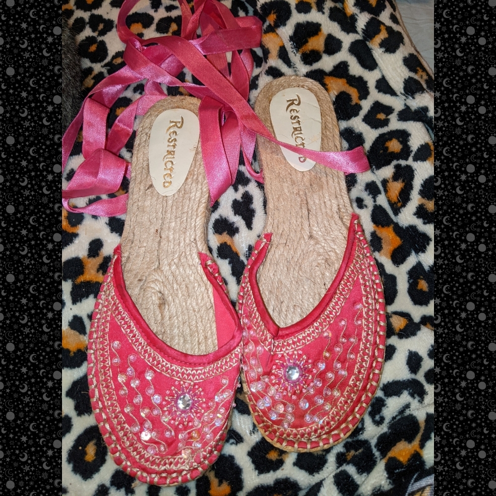 New sz 7 beaded sequin espadrilles lace up leg by restricted